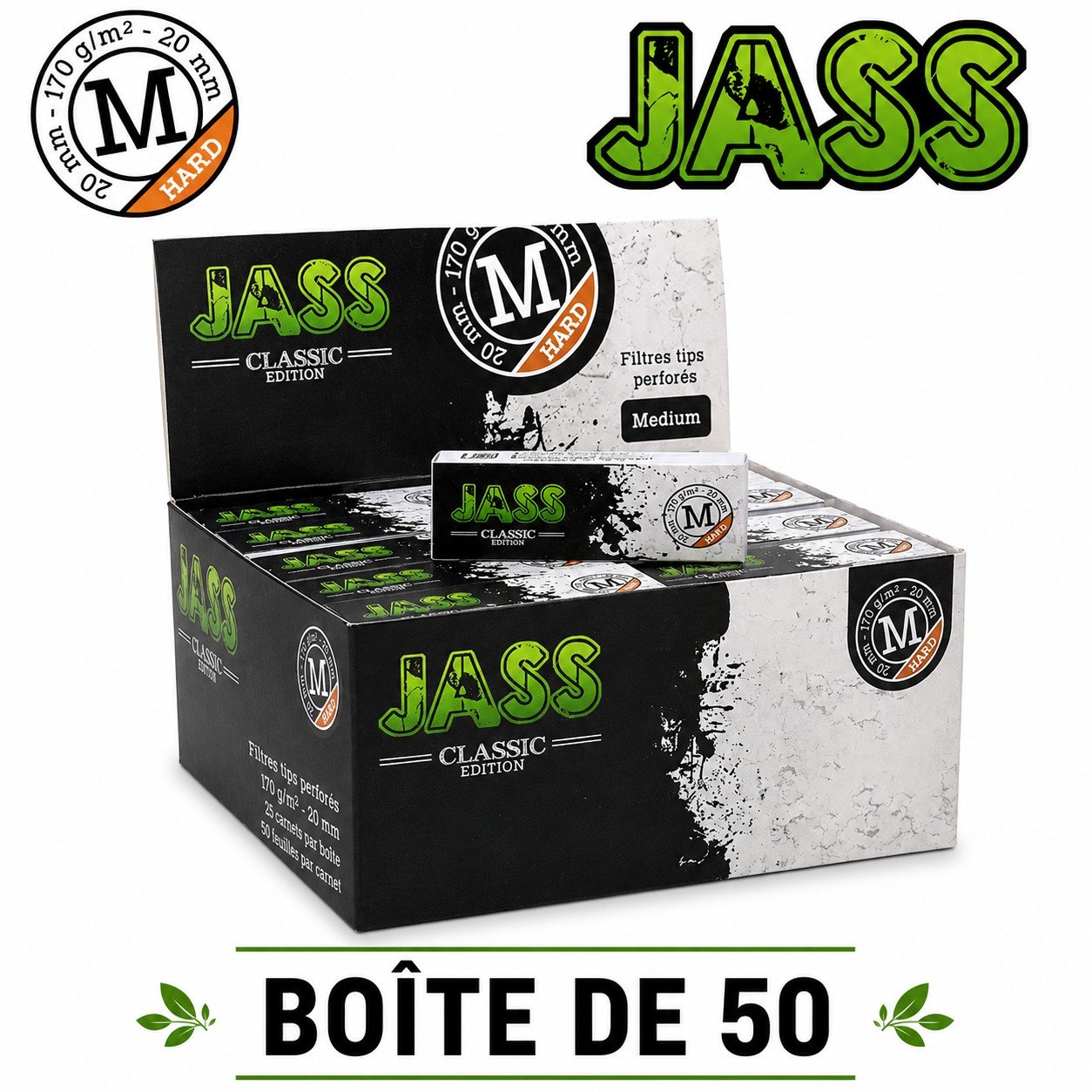 Jass Filtre Carton Classic Hard M, Boîte de 50 carnets de 5O